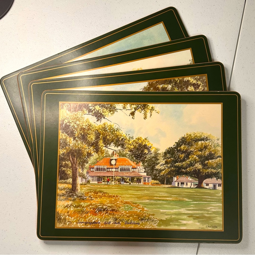 Set of 4 Vintage Pimpernel Golf Course Green and Gold Placemats, Cork back